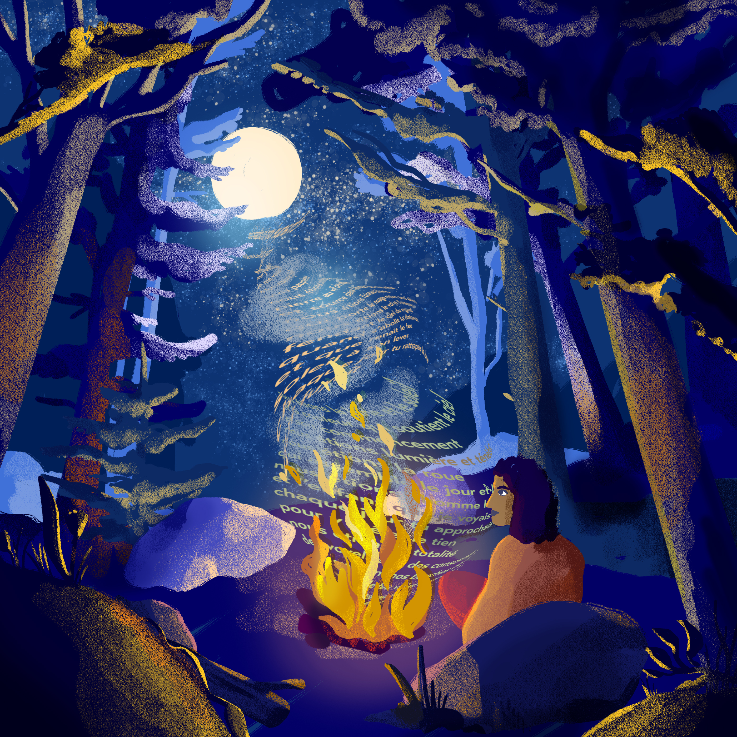 Personne devant un feu de camp à la lumière de la lune