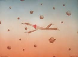 Personne flottant dans un ciel avec des planètes