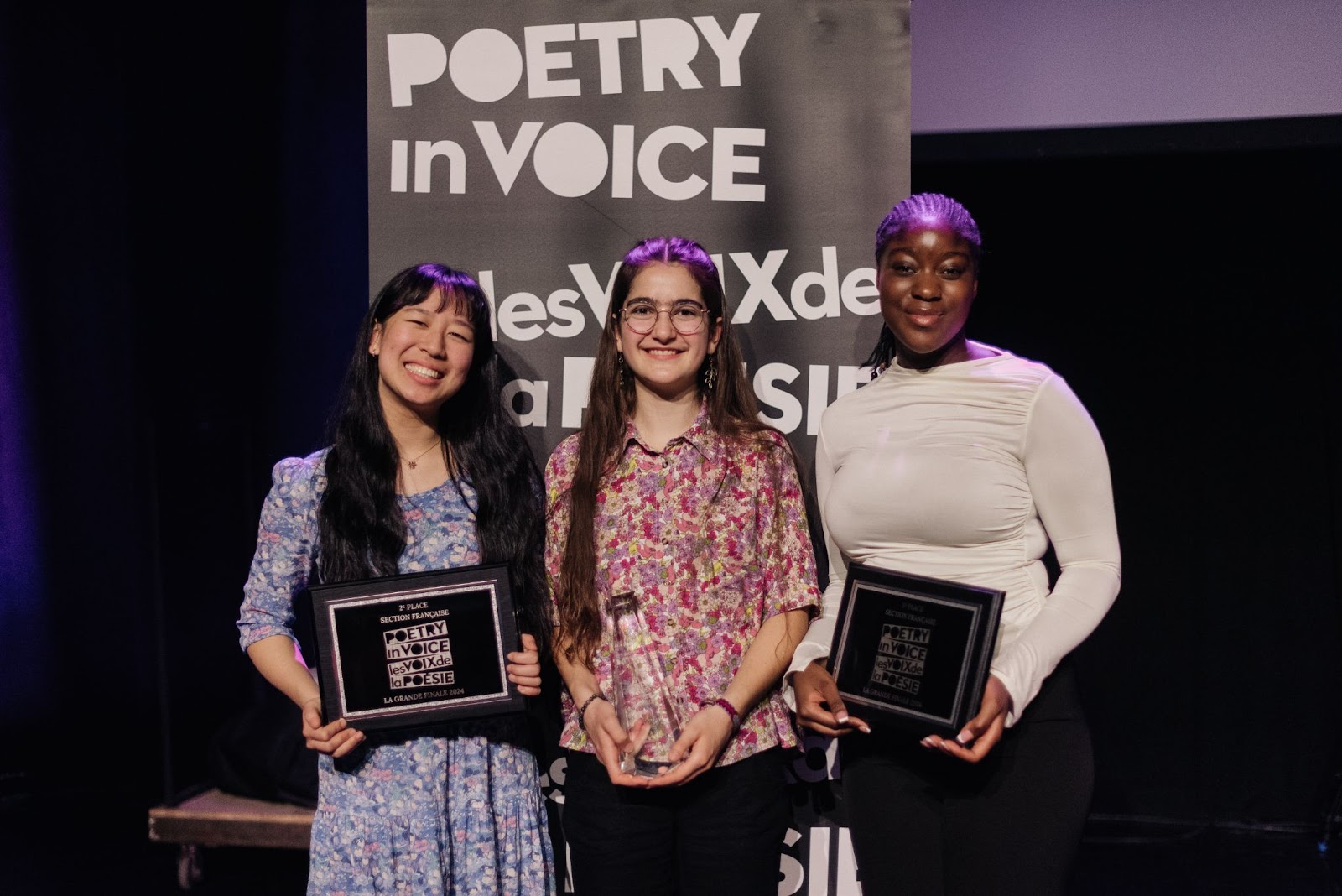 French Stream Winners! Leïla Malo (center) in first place, Cynthia Li (left) in second place, and Sara-Joelle Yao (right) in third place.