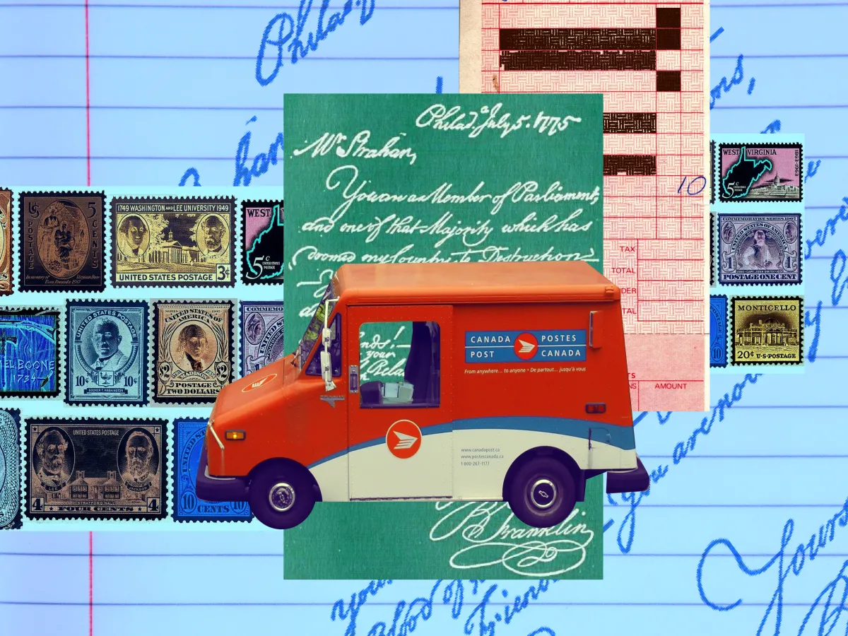 a mail truck, letters, and stamps