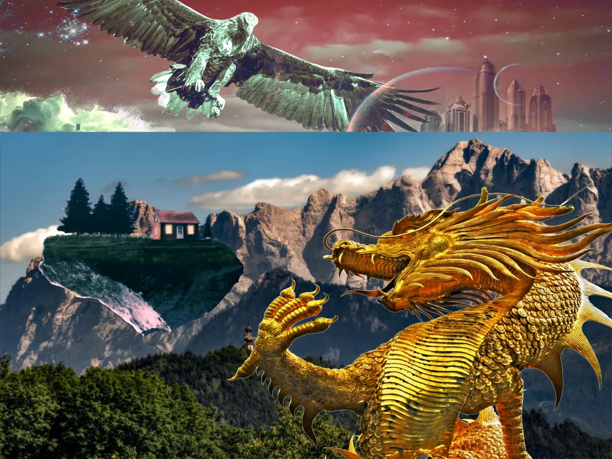 an eagle and a golden dragon