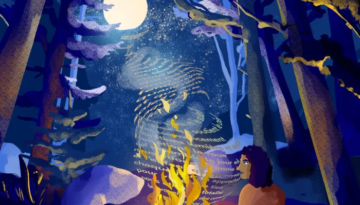 Personne devant un feu de camp à la lumière de la lune