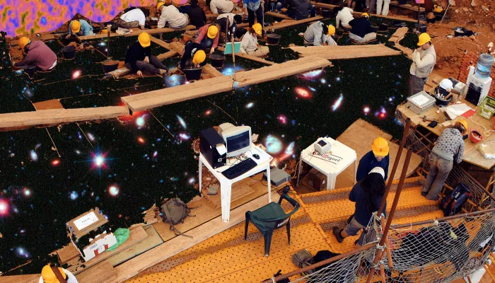 workers dissemble an office to show outerspace