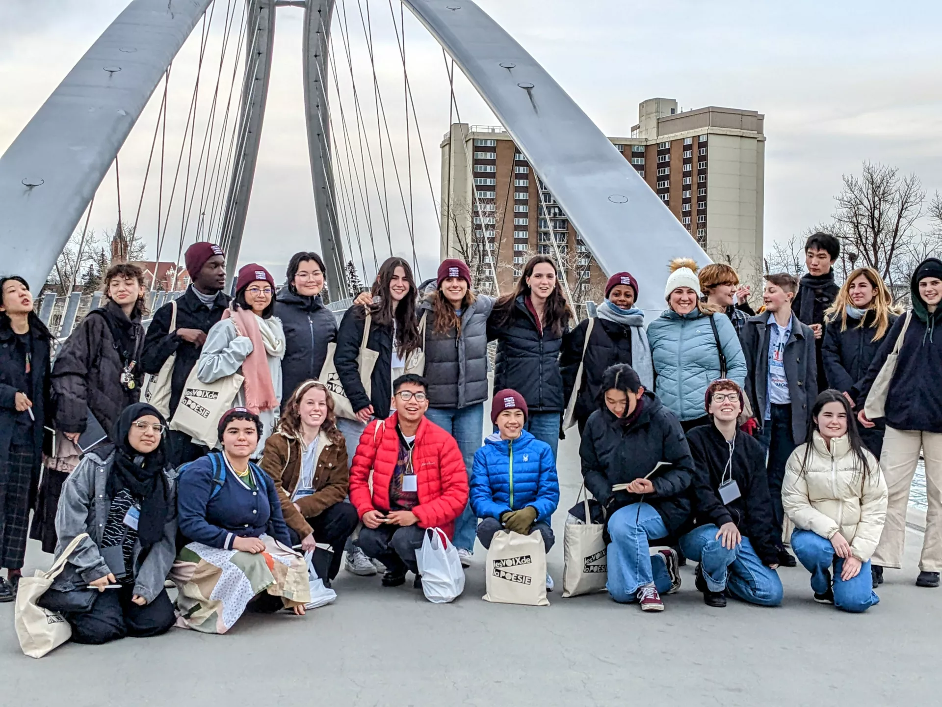 The group stops briefly for a chilly photo break.