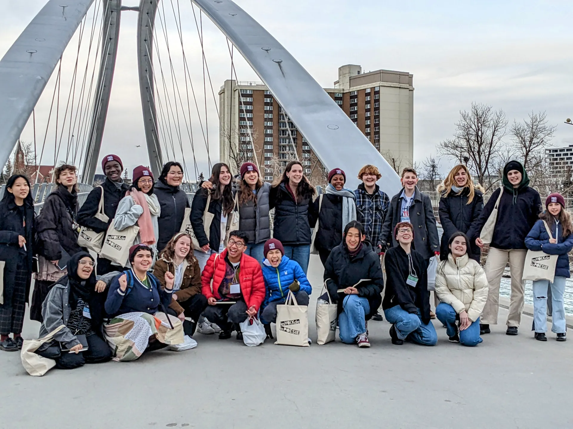 The group stops briefly for a chilly photo break.