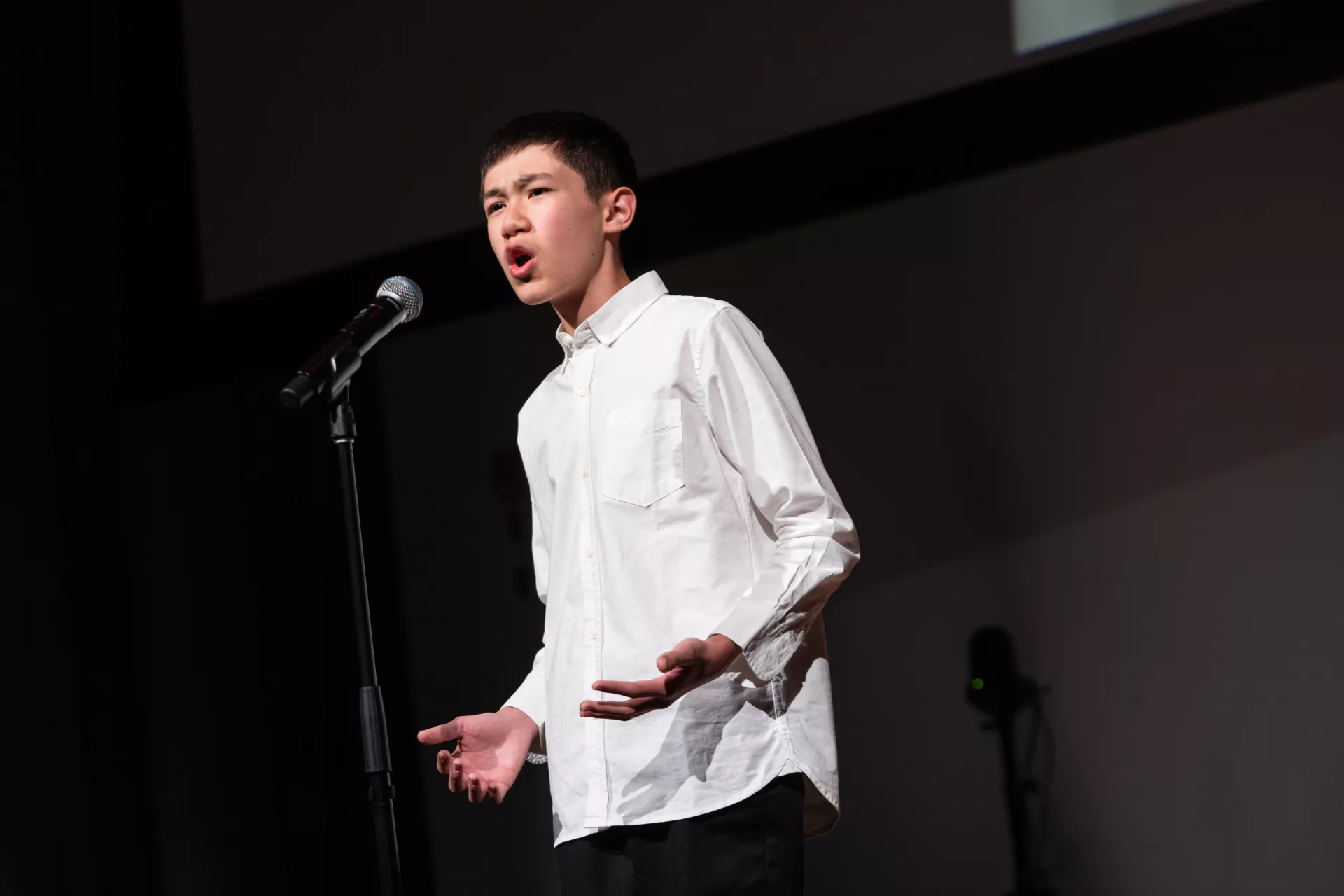 Philippe Morissette throws himself into a moving recitation of “I Am the People, the Mob” by Carl Sandburg.