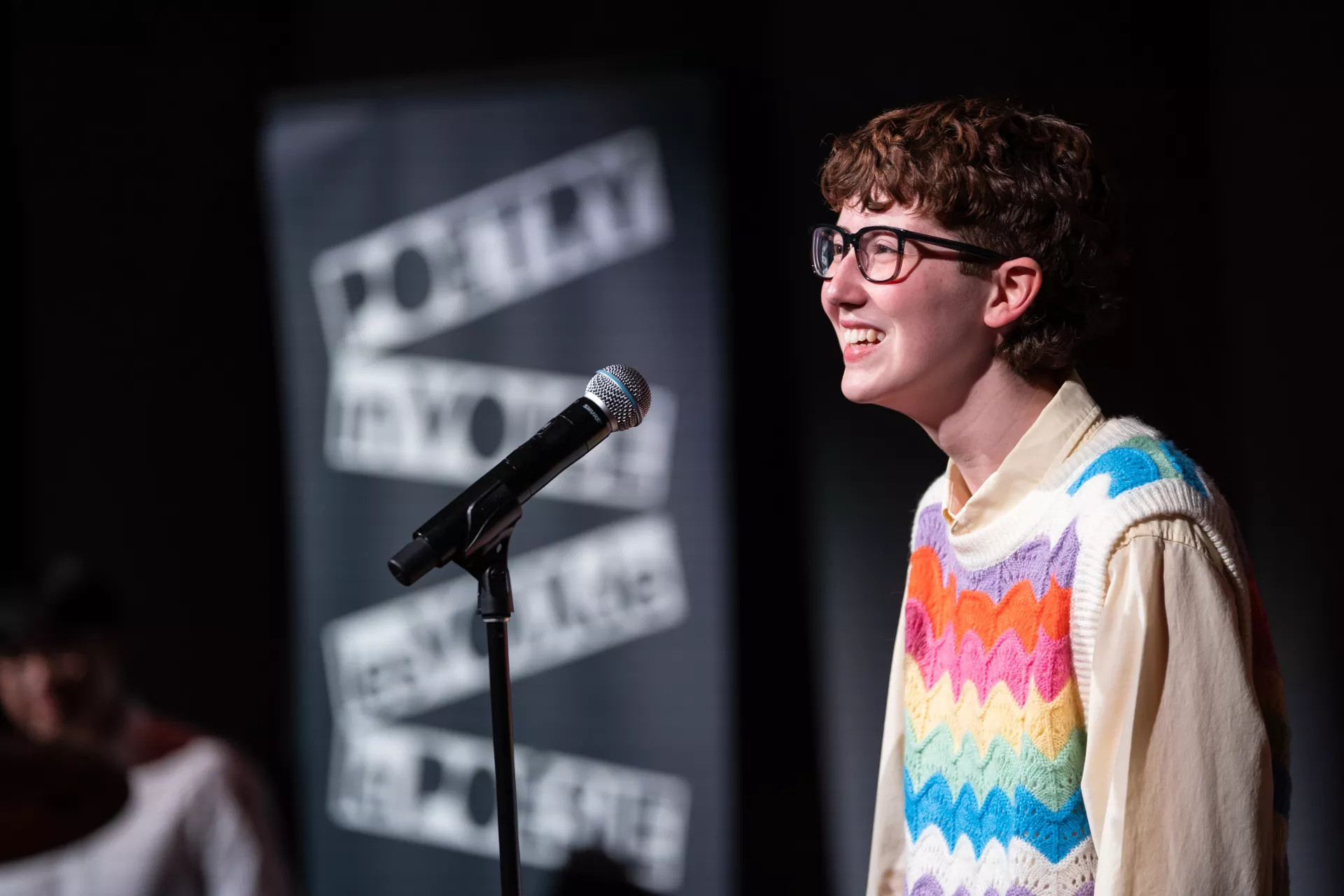 Maria Espindola recites a complex tongue twister, “Paper People” by Harry Baker